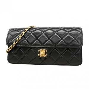 Chanel Matelasse Shoulder Bag with Chain Bag, Lambskin, Black, Women's